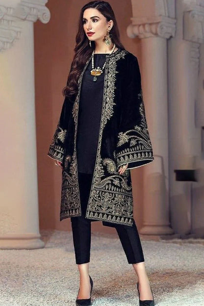 MariaB D-472 Black Color Embroidered Velvet two piece Winter Collection