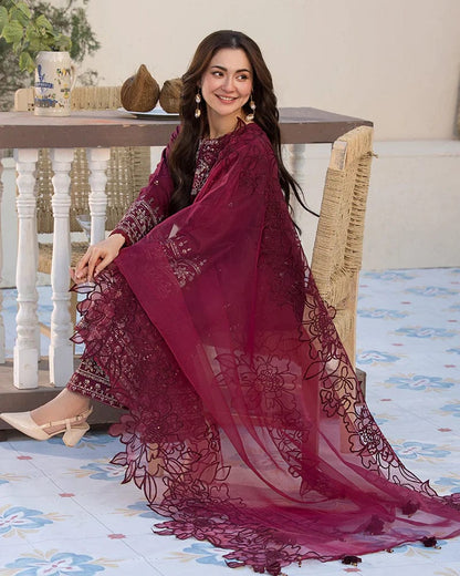 3PCs Embroidered Lawn Dress With Organza Embroidered Dupatta VL 1015