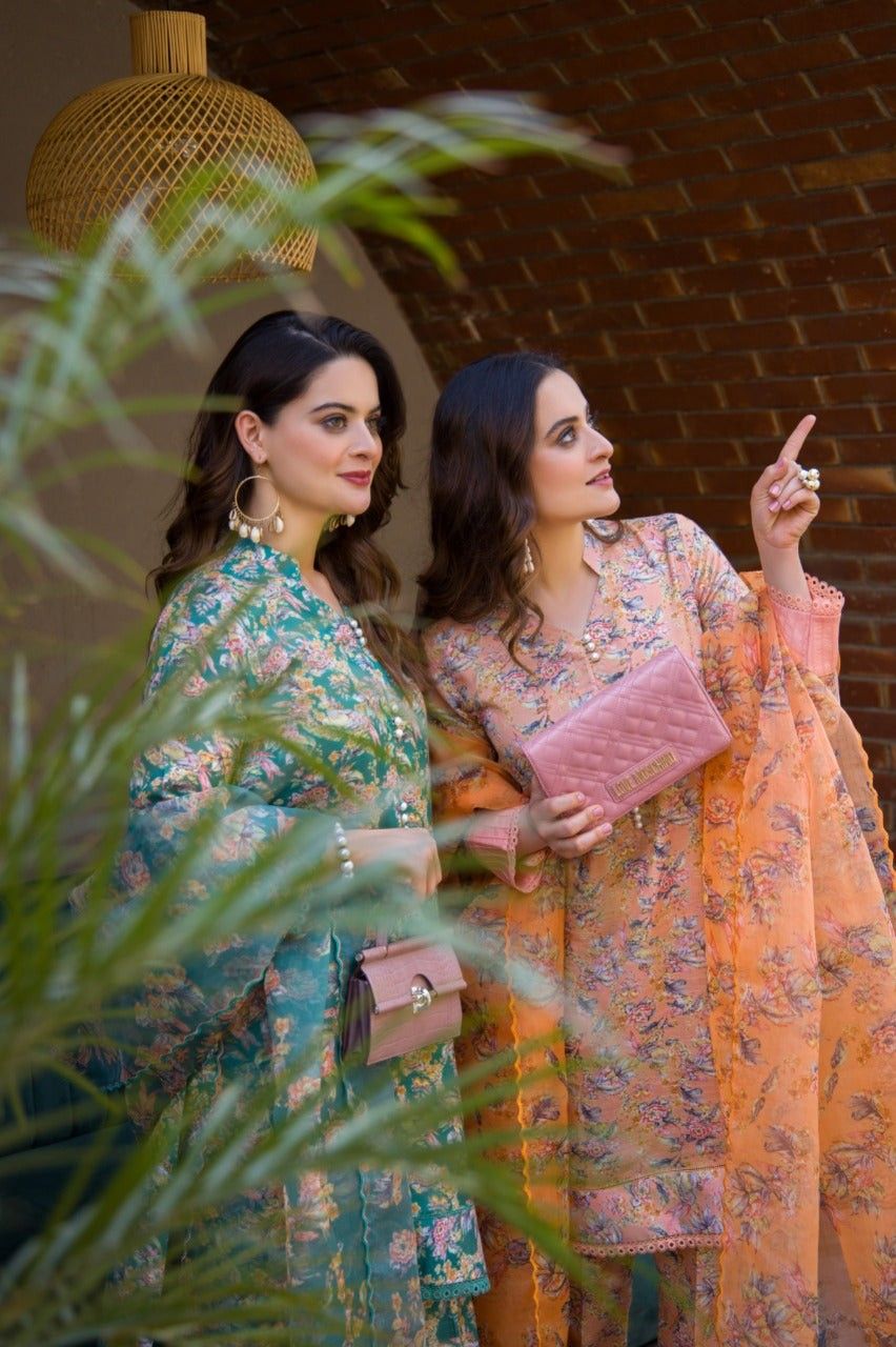 Aiman Closet AC-03 Peach Printed Airjet Viscous Silk Three Piece