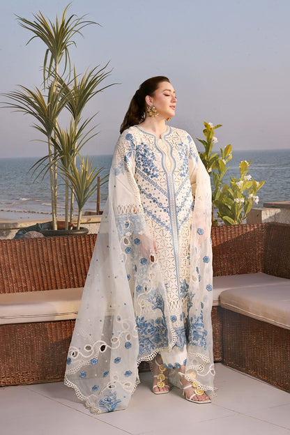 Aneela’s White Luxury Lawn Chikenk-Kari Embroidered Three Piece AN-6165