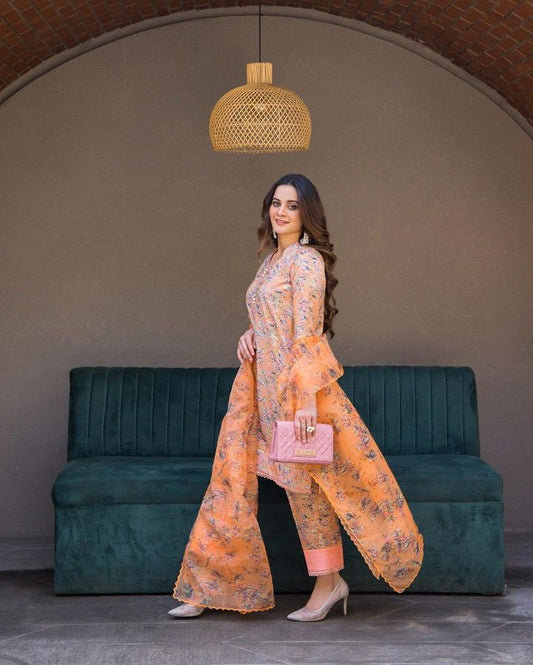 Aiman Closet AC-03 Peach Printed Airjet Viscous Silk Three Piece