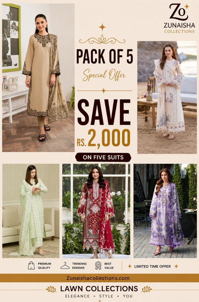 Pack of 5 Summer Lawn Suits | Save Rs. 2,000 | Limited Time Offer